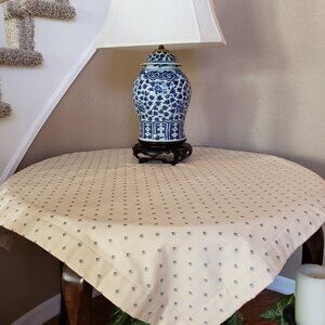 Tablecloth Custom 42” Square Heavy, Cream and Blue Lined, plus extra Fabric